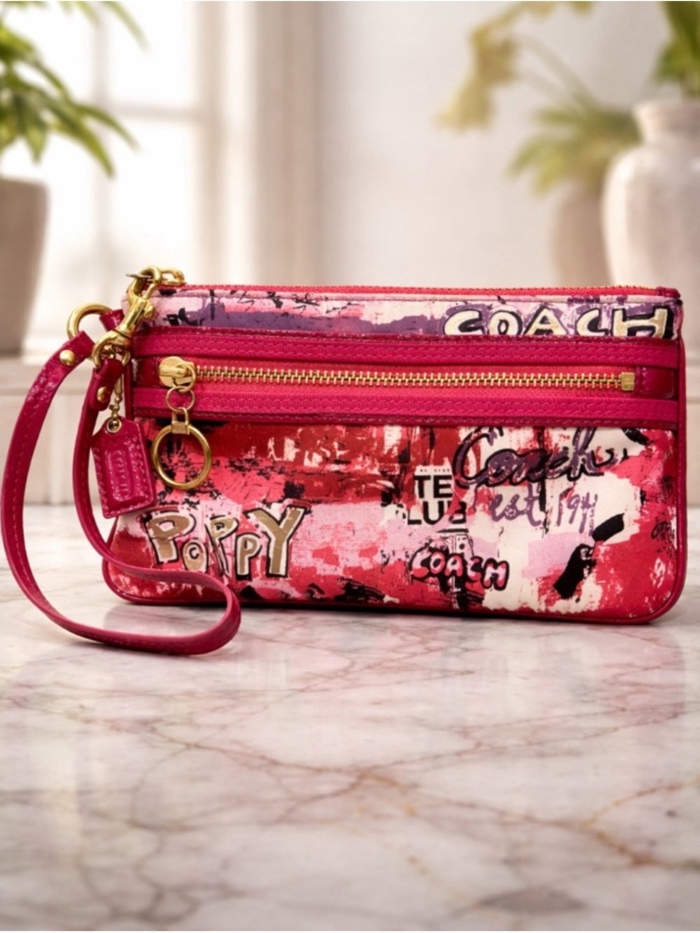 Coach Poppy Pink & Red Graffiti Print Wristlet